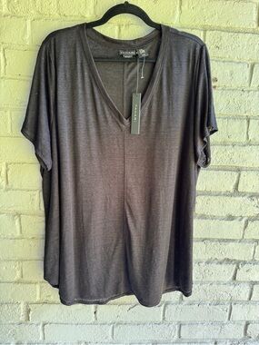 TAHARI NWT 100% Linen Deep V-Neck Short Sleeve Top -Black Sz 2X